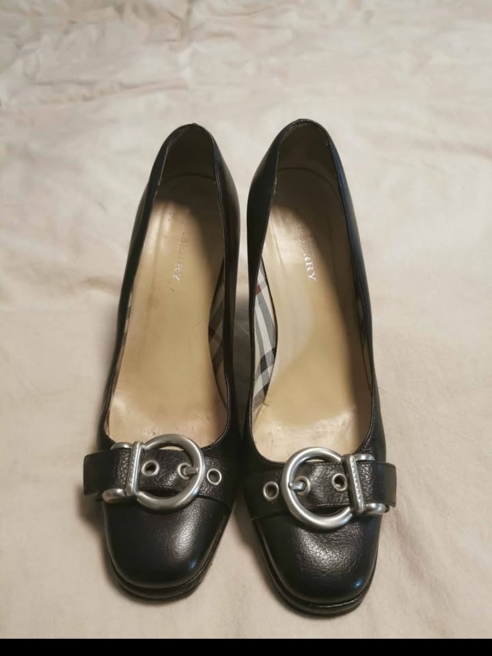 Burberry Black Leather Heel Pumps with Silver Buckle